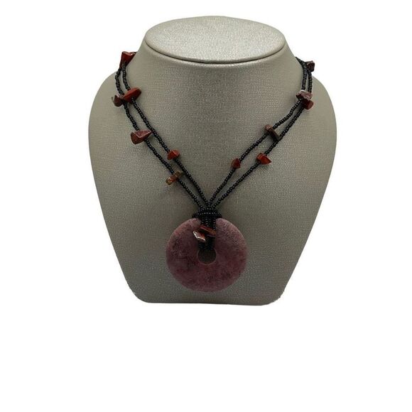 Rhodochrosite Necklace Purple Natural Stone Donut Pendant Black Beaded Chain - Picture 2 of 9